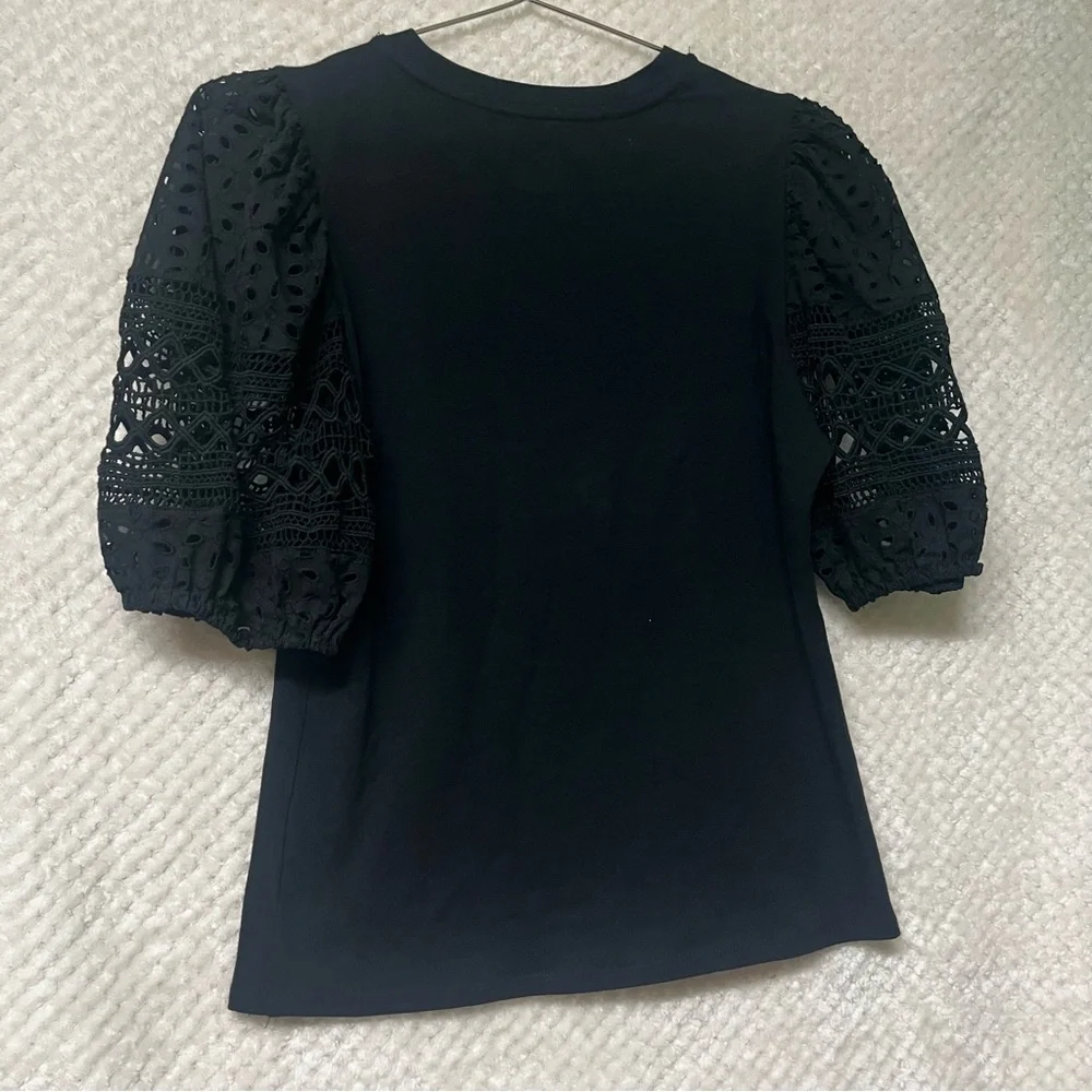 French Connection Blouse Crochet Lace Black Puff Sleeve Top Cotton Spandex NWT - Picture 3 of 7